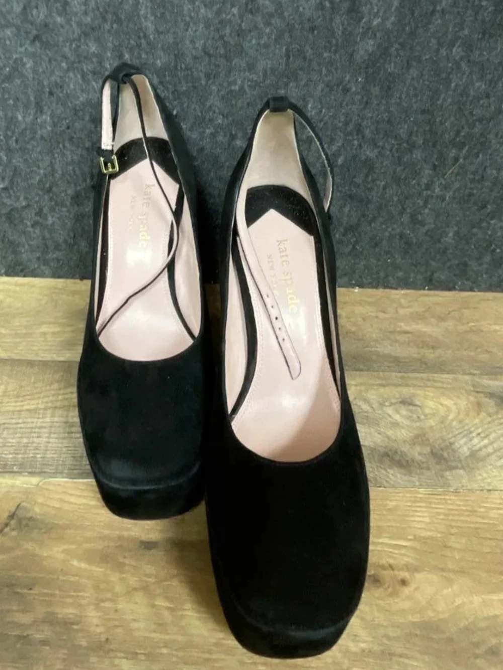 kate spade Black Suede Platform Block Heel Mary Jane Pumps
